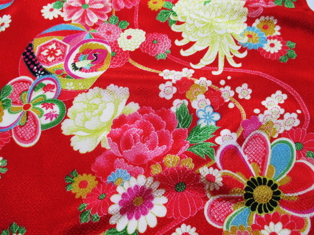 和柄 生地 友禅ちりめん 扇に御所車 (赤) 10cm単位 切り売り