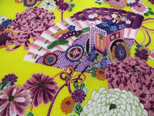 和柄 生地 友禅ちりめん 扇に御所車 (黄) 10cm単位 切り売り