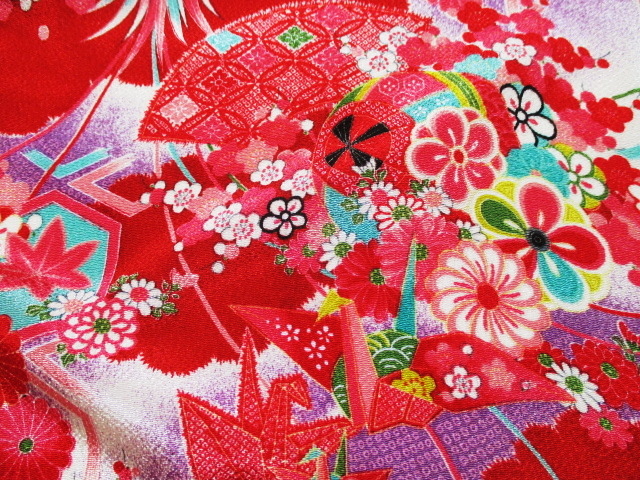 和柄 生地 友禅ちりめん 折鶴元禄文様 (赤) 10cm単位 切り売り