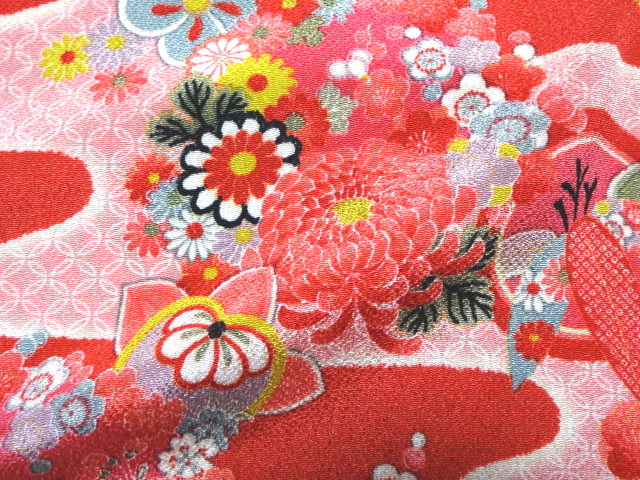 和柄 生地 友禅ちりめん 霞花丸文 (赤) 10cm単位 切り売り