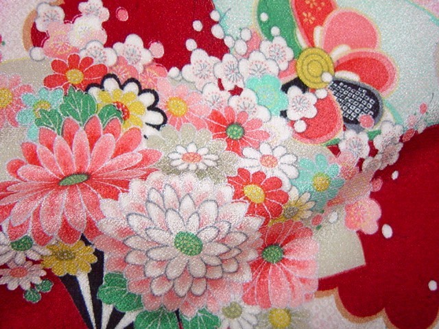 和柄 生地 京 一越ちりめん 花扇 (赤) 10cm単位 切り売り