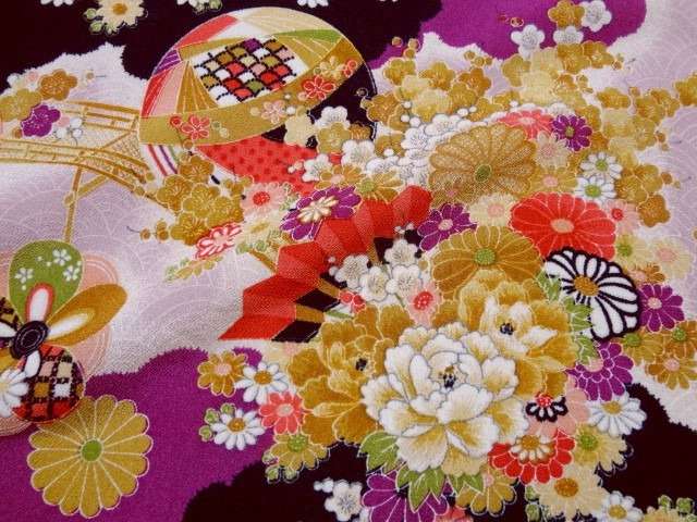 和柄 生地 京 一越ちりめん 手毬に花扇 (黒) 10cm単位 切り売り