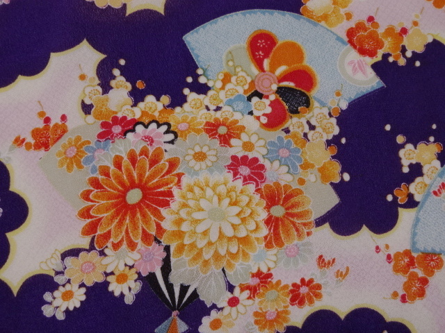 和柄 生地 京 一越ちりめん 花扇 (紫) 10cm単位 切り売り