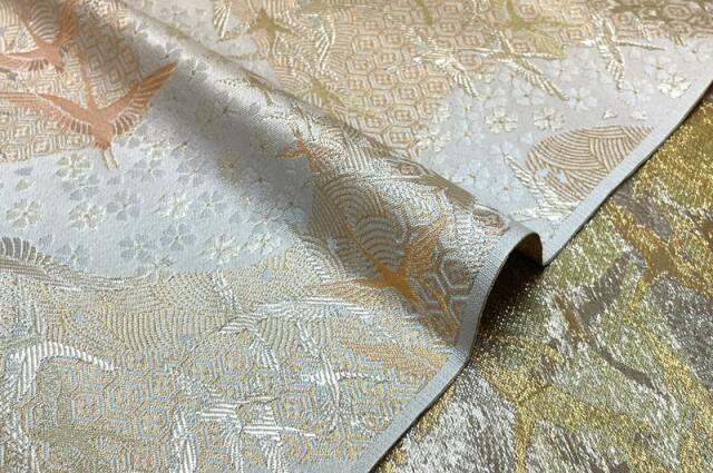 金襴生地 京都 西陣織 流水翔鶴文（白）柄の和柄生地通販なら都香庵