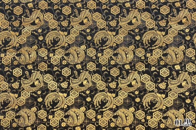 金襴生地販売 亀甲花菱地鳳凰 (黒)柄の和柄生地通販なら都香庵 
