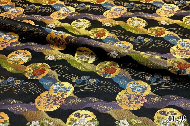 【極美品】西陣老舗機元「丸勇」「雪輪文様 琳派王朝花文文様」唐織刺繍 黒地 極美品】西陣老舗機元「丸勇」「雪輪文様 琳派王朝花文文様」唐織刺繍