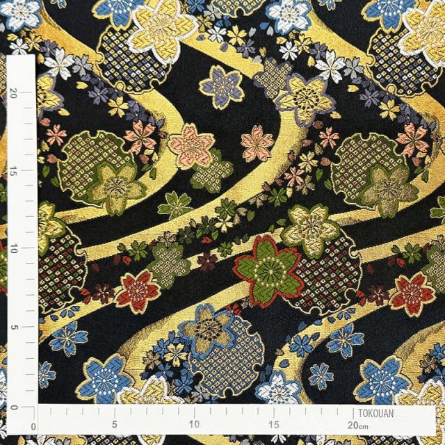 未来新品京都西陣浅田美術織正絹多色織古典工芸花扇流水文長尺礼装振袖用袋帯 桜霞流水文（黒）柄の生地販売なら都香庵
