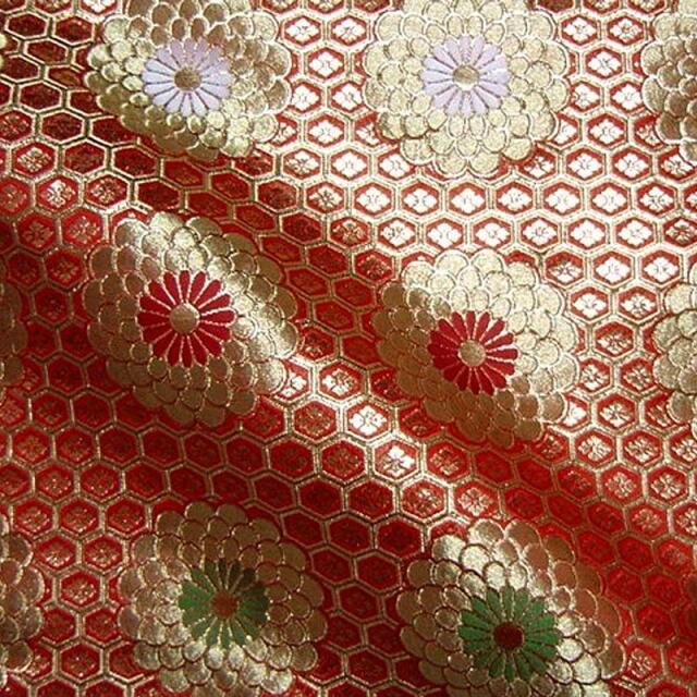 和柄生地 京都西陣織・金襴生地 六釜亀甲菊 (全3色) 10cm単位 切り売り/02.赤