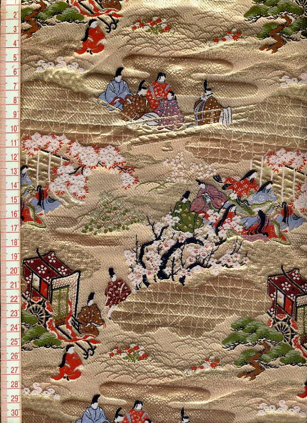 伝統的な絵柄の巻物 和柄生地通販 源氏絵巻（巻の一）柄の金襴生地なら都香庵