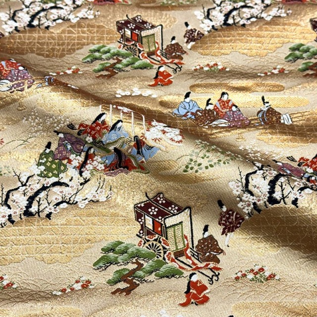 建都一千二百年記念 全通総柄本金錦 時代行列絵巻　袋帯 和柄生地通販 源氏絵巻（巻の一）柄の金襴生地なら都香庵