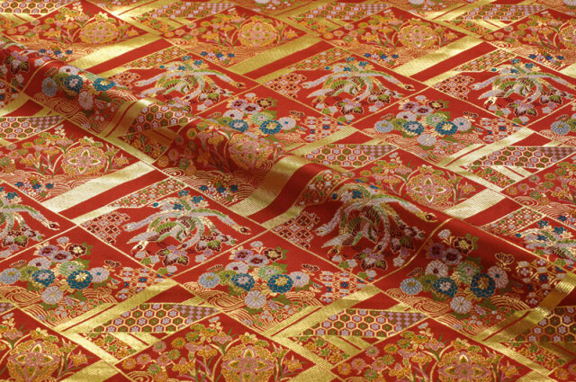 金襴生地販売 割付菱鳳凰 (朱赤) 和風生地販売なら都香庵