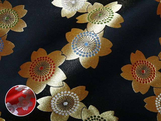 名古屋帯 黒地 花柄 、金色 和柄 寿2種類のデザイン 楽天市場】和柄 生地 金襴生地 京都 西陣織 菱龍に稲妻 (黒