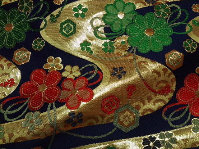 和柄 生地 金襴生地 京都 西陣織 流水に梅 (紺) 10cm単位 切り売り