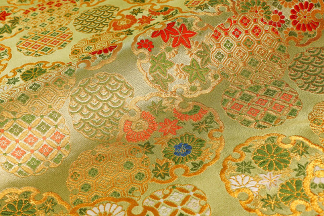 金襴生地販売 雪輪に菊もみじ（利休鼠）柄の生地販売なら都香庵