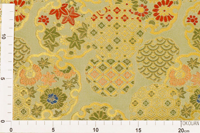 金襴生地販売 雪輪に菊もみじ（利休鼠）柄の生地販売なら都香庵