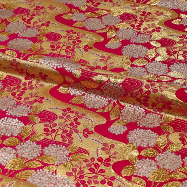 和柄 生地 金襴生地 京都 西陣織 流水に紫陽花文 (全2色) 10cm単位 切り売り/01.紅色