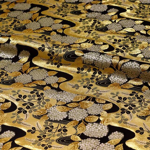 和柄 生地 金襴生地 京都 西陣織 流水に紫陽花文 (全2色) 10cm単位 切り売り/02.黒