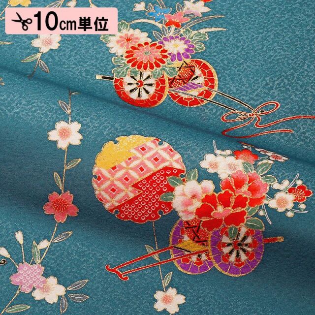 和柄 生地 京・金彩友禅 花車に雪輪 (全5色) 10cm単位 切り売り