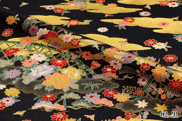 ◾️黒地橘牡丹鶴紋地紋入り正絹◾️金駒金彩加工◾️逸品新品袋帯お仕立て付き◾️フルセット 金彩友禅販売 垣根に牡丹柄の和柄生地通販なら都香庵