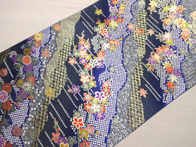 金彩友禅販売 鹿の子流しに花（鉄紺）柄の和柄生地通販なら都香庵