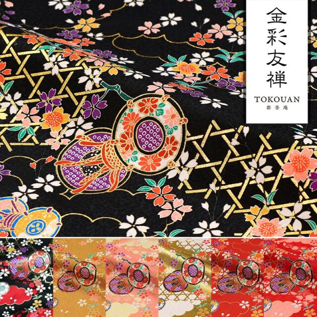 金彩友禅販売 籠目垣に鼓柄の和柄生地通販なら都香庵