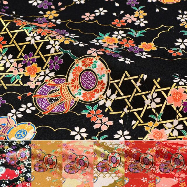 金彩友禅販売 籠目垣に鼓柄の和柄生地通販なら都香庵