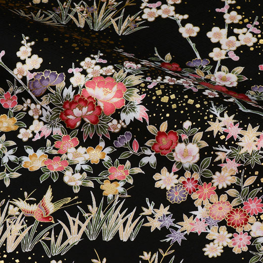 和柄 生地 京・金彩友禅 花鳥文様 (全4色) 10cm単位 切り売り 刀ミュ 和柄生地/02.黒