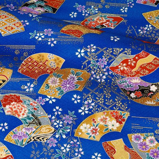 和柄 生地 京・金彩友禅 地紙文 (青) 10cm単位 切り売り