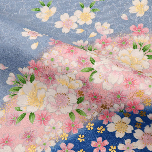 和柄 生地 京・金彩友禅 山霞に花 (青系) 生地巾39cm×長さ163cm単位 切り売り パネル柄