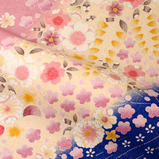 和柄 生地 京・金彩友禅 花霞に雪持花 (青系) 生地巾38cm×長さ163cm単位 切り売り パネル柄