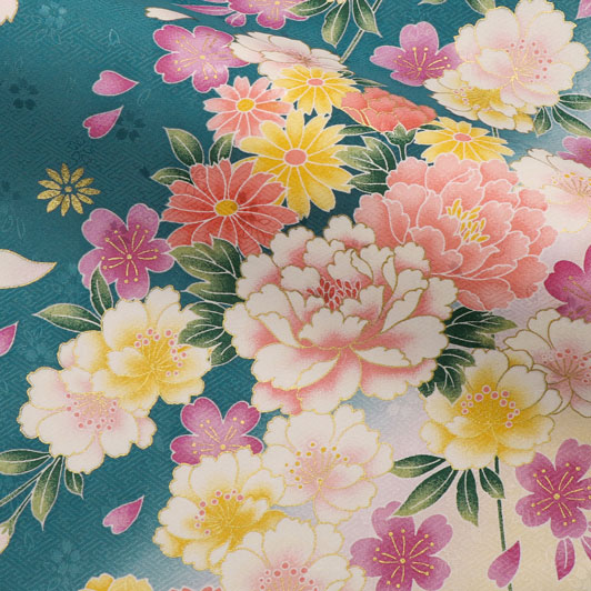 和柄 生地 京・金彩友禅 八重桜に牡丹菊花 (浅縹色) 生地巾37cm×長さ158cm単位 切り売り パネル柄