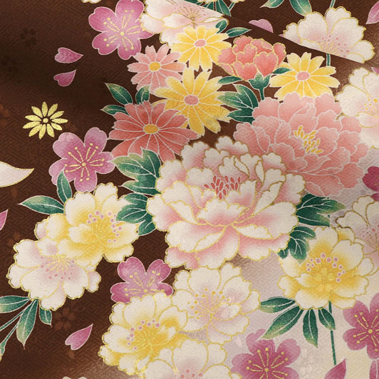 和柄 生地 京・金彩友禅 八重桜に牡丹菊花 (檜皮色) 生地巾37cm×長さ158cm単位 切り売り パネル柄