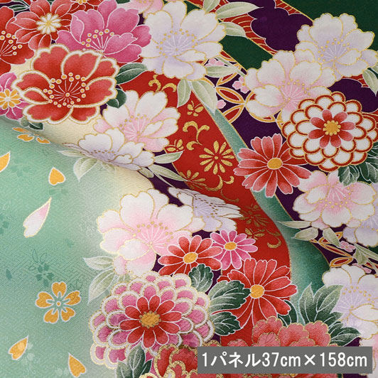 和柄 生地 京・金彩友禅 束ねのし菊花 (深緑) 生地巾37cm×長さ158cm単位 切り売り パネル柄