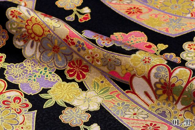 金彩友禅販売 のし花文様（黒）柄の和柄生地通販なら都香庵