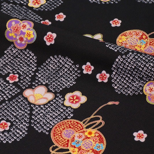 和柄 生地 金彩友禅 花鹿の子地に鼓 (黒) 10cm単位 切り売り