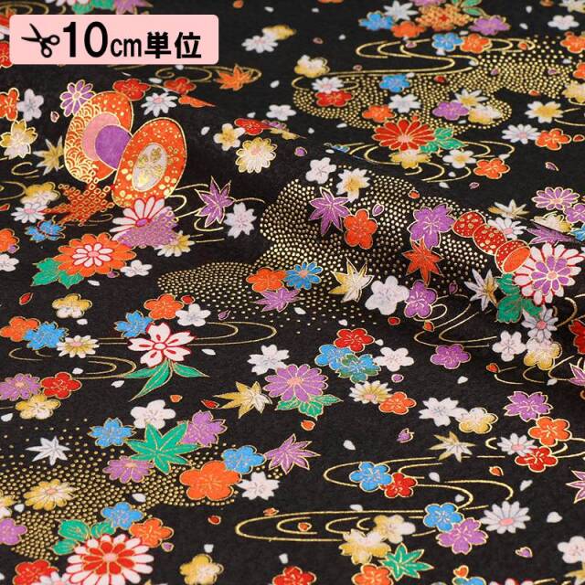 和柄 生地 京・金彩友禅 鼓 (全2色) 10cm単位 切り売り/02.黒