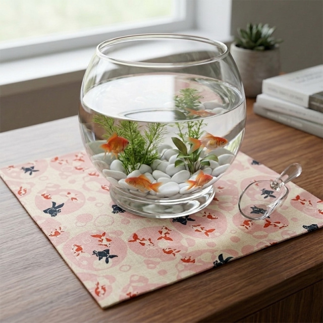 本麻の販売 和柄 生地 水紋に金魚(全2色)の通信販売の都香庵