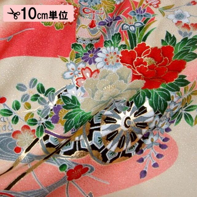 和柄 生地 京・正絹金彩友禅 御所車に手毬 (全3色) 10cm単位 切り売り/02.かすみ