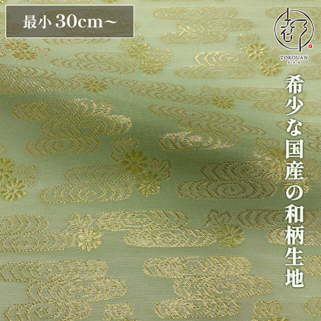 和柄 生地 正絹 紗 箔入 糊付 観世水文 (緑) 10cm単位 切り売り