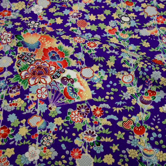 和柄 生地 京・正絹金彩友禅 扇面花の縞 (紫) 10cm単位 切り売り