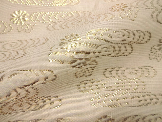 和柄 生地 正絹 紗 箔入 糊付 観世水文 (白) 10cm単位 切り売り