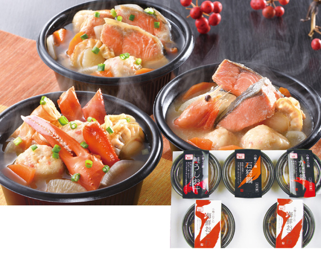 小樽海洋水産　小樽の小鍋と海鮮おこわ（個食鍋１人前×３、おこわ一人前×２）　【０９１】