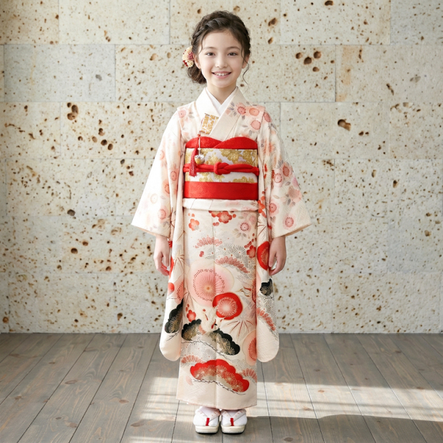 紅一点】幸せ満開、おめでたい紅白に古典柄、正統派女の子着物｜着物