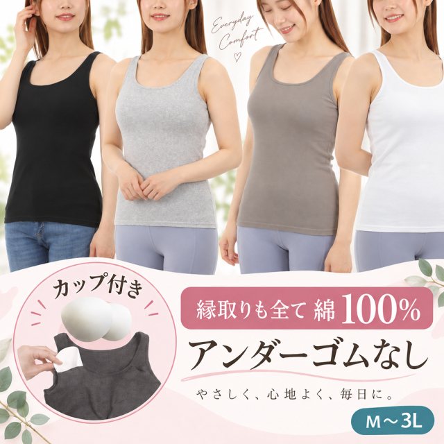 カップ付きタンクトップ綿100