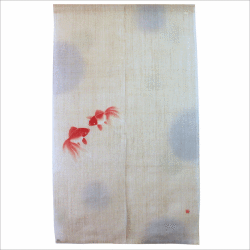 洛柿庵　本格のれん　水玉金魚　本麻　手描き　ぼかし染　夏
