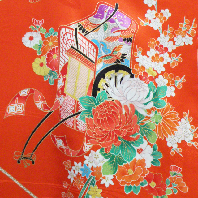 七五三 □正絹 四つ身着物 御所車 朱赤□ 7歳のお祝い晴れ着