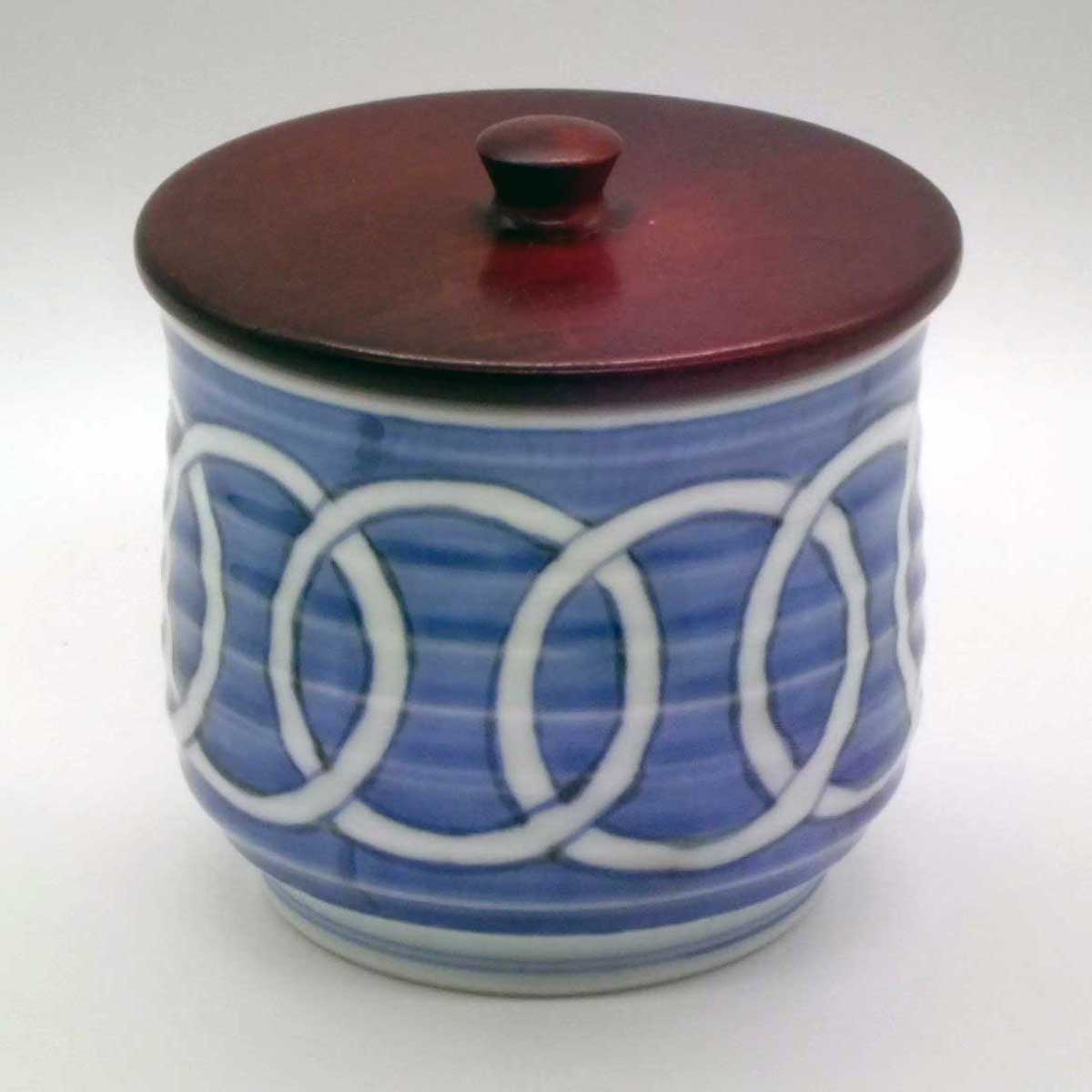 有田焼 染付 輪つなぎ紋 飯器 木蓋付き 渓山窯