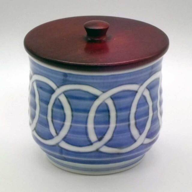 有田焼 染付 輪つなぎ紋 飯器 木蓋付き 渓山窯