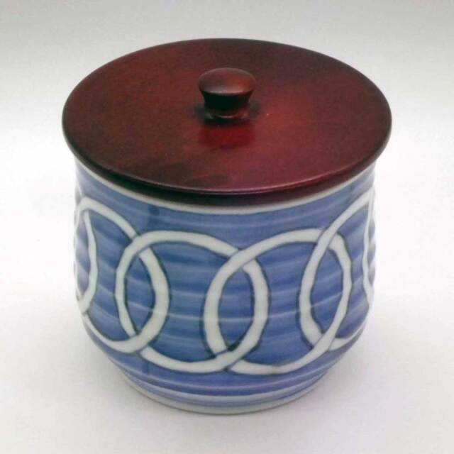有田焼 染付 輪つなぎ紋 飯器 木蓋付き 渓山窯