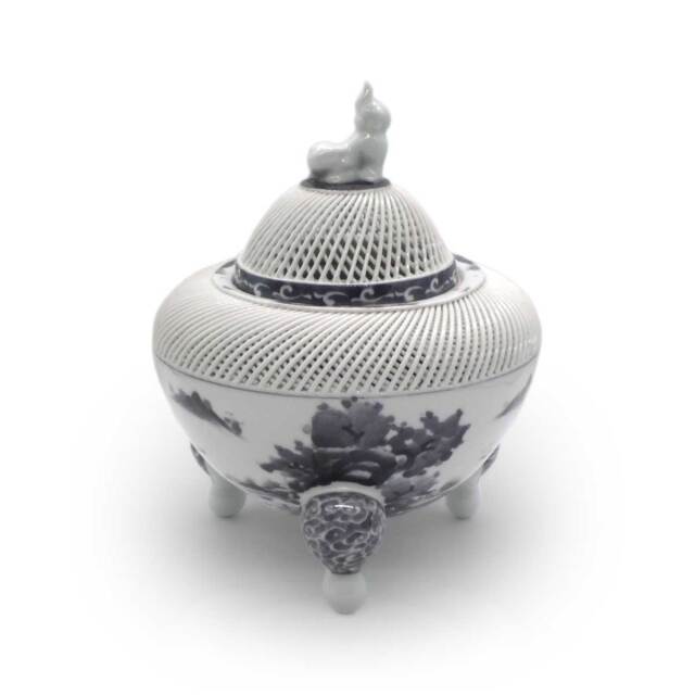 染付　特大　香炉　置物 染付 網目 特大 香炉 琴峰窯